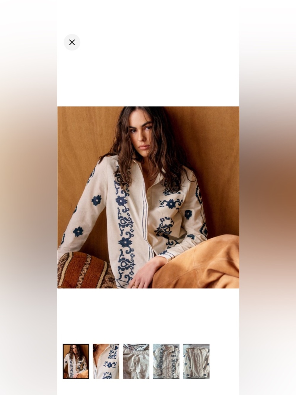 Sezane Cream Button-Up Blouse with Navy Embroidery
